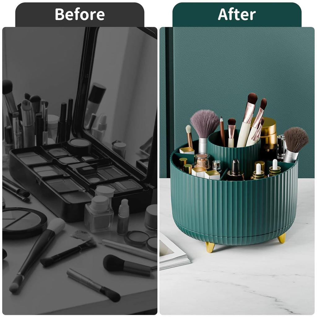 360° Rotating Makeup Organizer – Small | Compact Cosmetic &amp; Brush Holder for Vanity, Bathroom &amp; Desk (Green, 5 × 5.5 Inches)