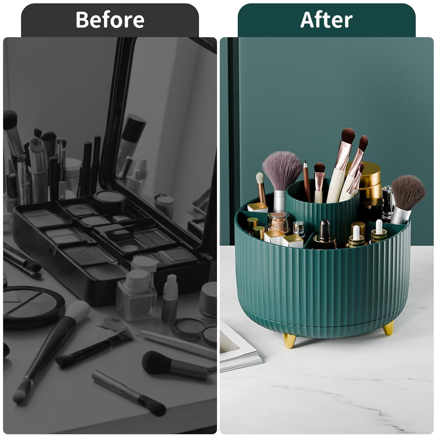 360° Rotating Makeup Organizer – Small | Compact Cosmetic &amp; Brush Holder for Vanity, Bathroom &amp; Desk (Green, 5 × 5.5 Inches)