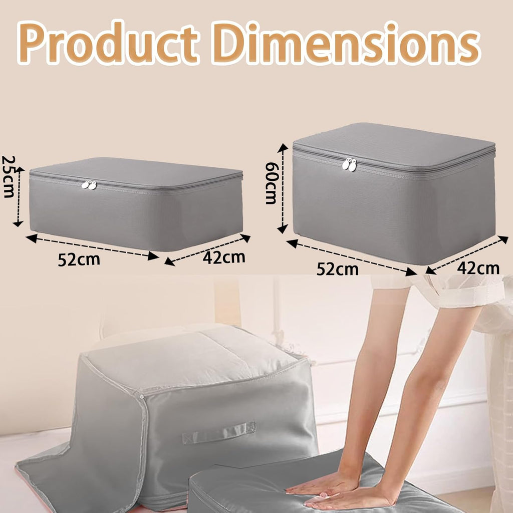 Space Saving Self-Compression Organizer Bag for Clothes, Sarees & Quilts | Extra Large Expandable Storage Bag with Handles & Zipper | Waterproof, Foldable Wardrobe Storage (Grey, 52×42×55 cm)