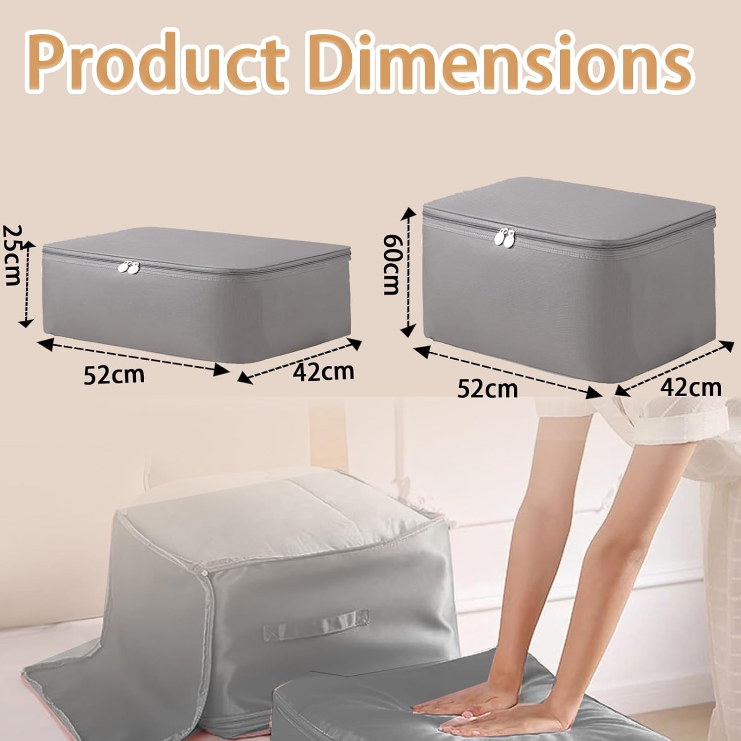 Space Saving Self-Compression Organizer Bag for Clothes, Sarees & Quilts | Extra Large Expandable Storage Bag with Handles & Zipper | Waterproof, Foldable Wardrobe Storage (Grey, 52×42×55 cm)