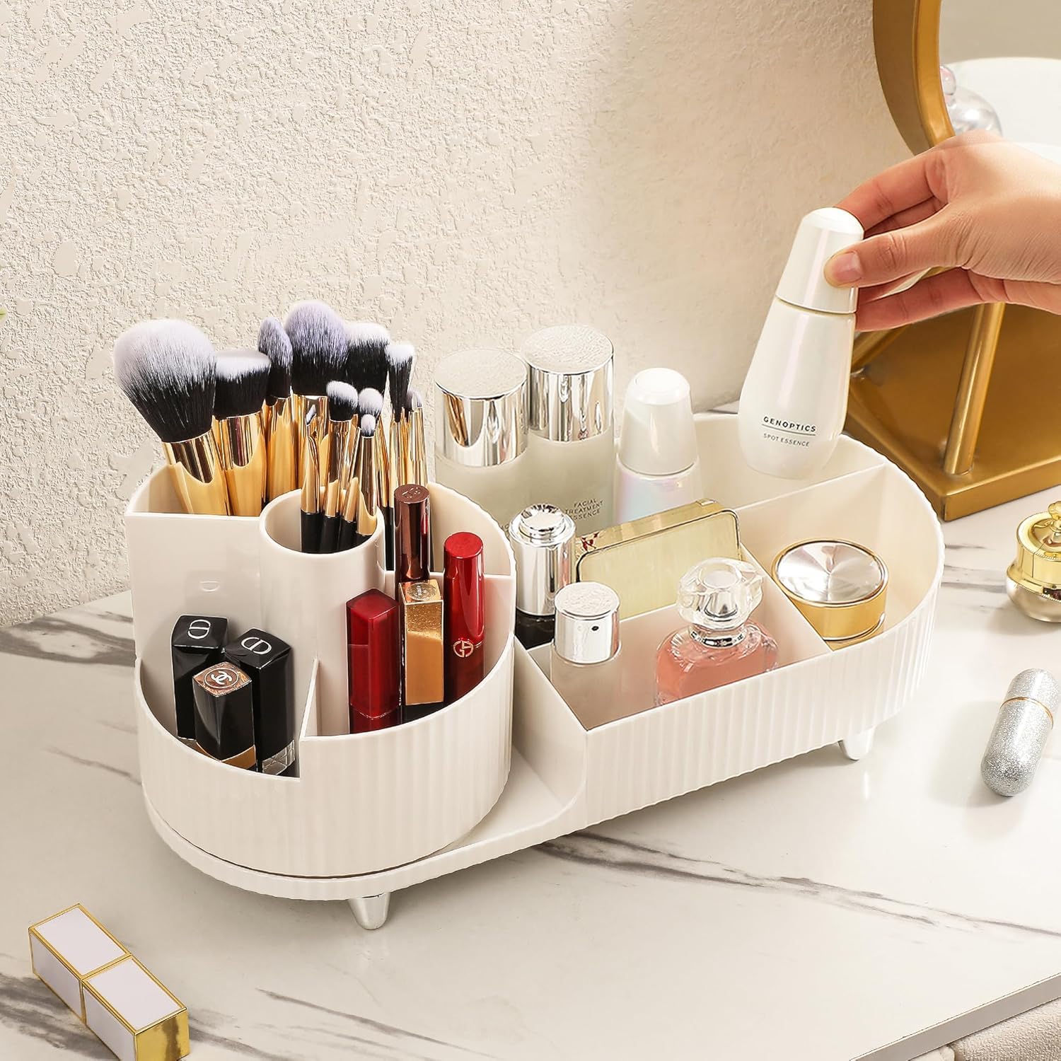 360° Rotating Makeup Organizer | Large Capacity Cosmetic &amp; Skincare Storage Stand for Vanity, Bathroom & Dressing Table (Beige / White, 13.6 × 5.8 Inches)