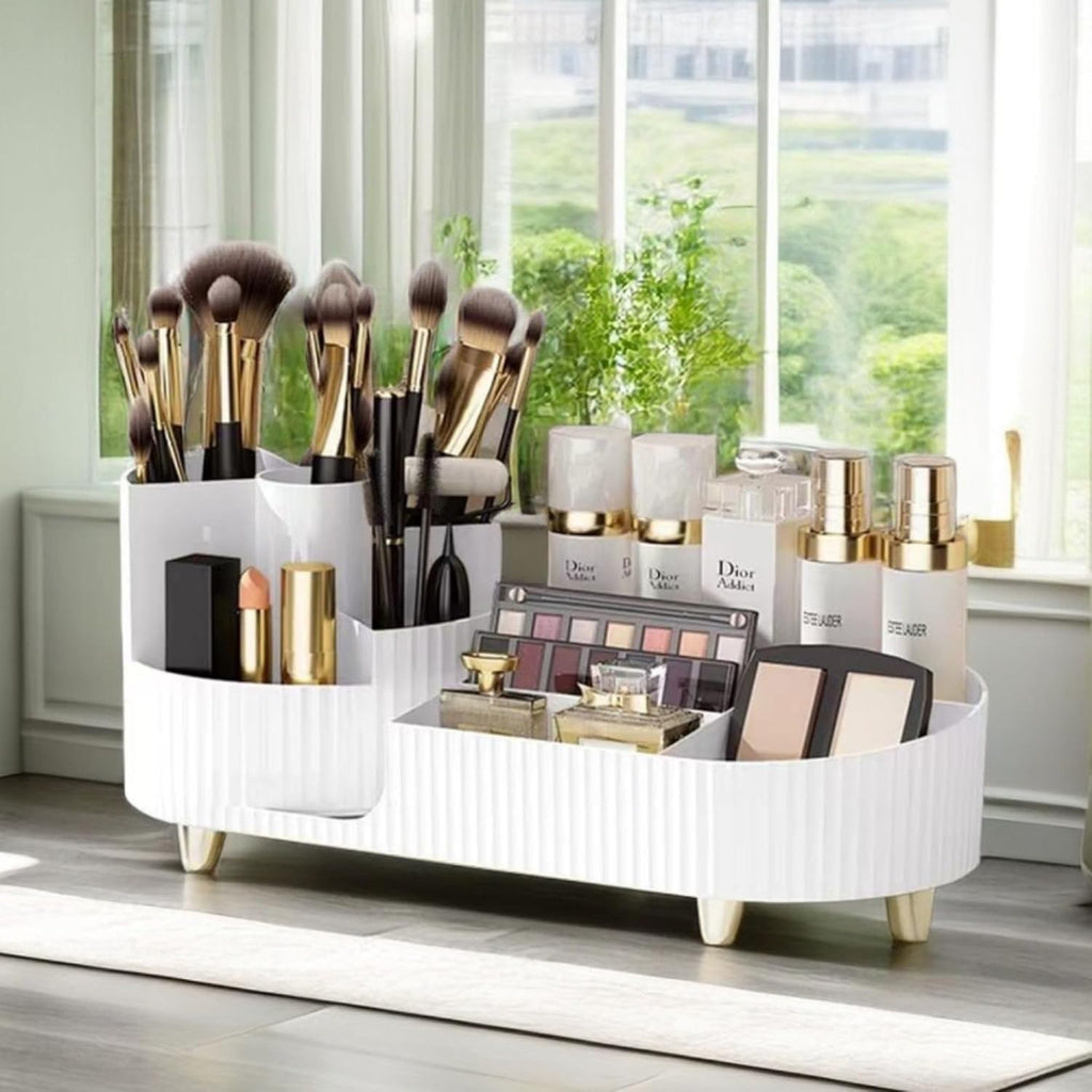 360° Rotating Makeup Organizer | Large Capacity Cosmetic &amp; Skincare Storage Stand for Vanity, Bathroom & Dressing Table (Beige / White, 13.6 × 5.8 Inches)