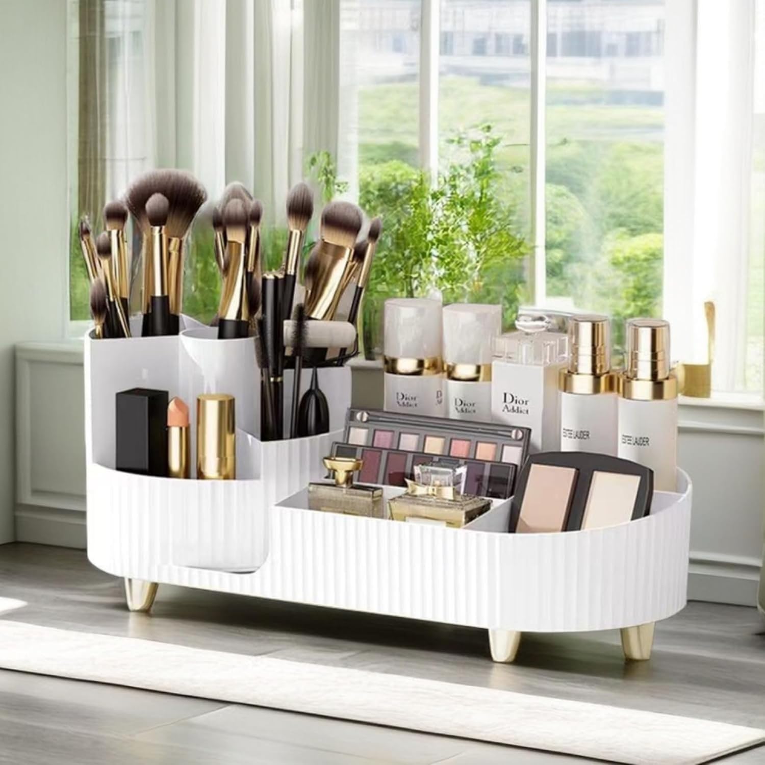 360° Rotating Makeup Organizer | Large Capacity Cosmetic &amp; Skincare Storage Stand for Vanity, Bathroom & Dressing Table (Beige / White, 13.6 × 5.8 Inches)