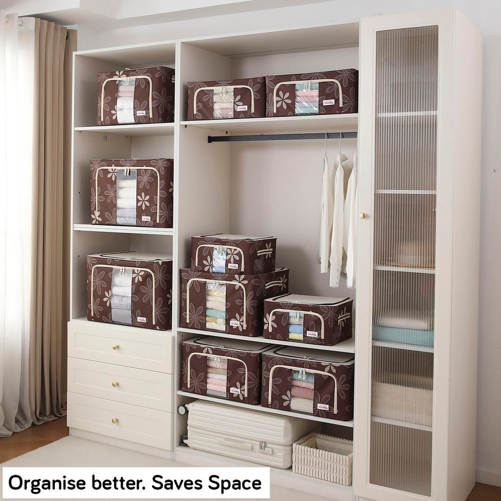Foldable Living Storage Box for Clothes & Sarees | Oxford Fabric Wardrobe Organizer with Metal Frame & Zipper | 24L / 66L