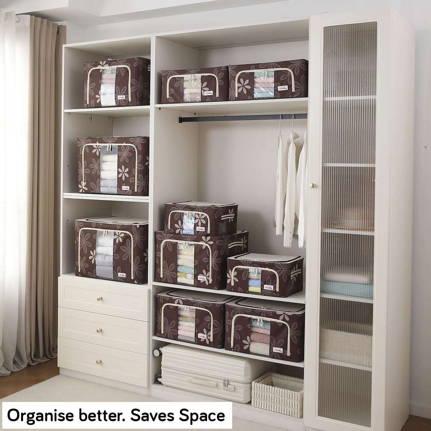 Foldable Living Storage Box for Clothes & Sarees | Oxford Fabric Wardrobe Organizer with Metal Frame & Zipper | 24L / 66L