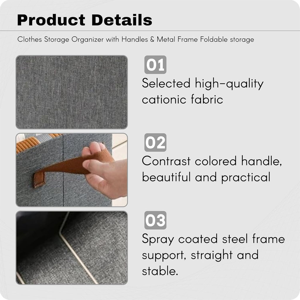 Foldable Open Storage Box with Metal Frame &amp; Handles | Fabric Wardrobe Organizer for Clothes &amp; Shelves | Grey (18 × 11 × 7 Inch)