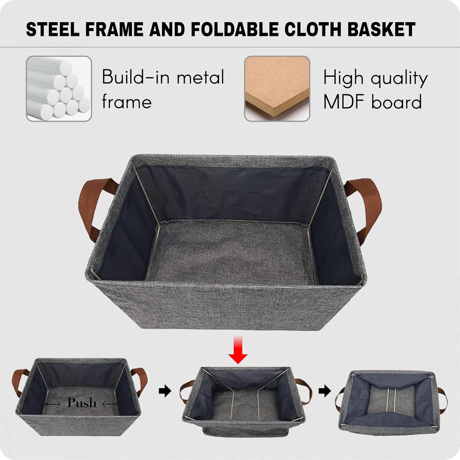 Foldable Open Storage Box with Metal Frame &amp; Handles | Fabric Wardrobe Organizer for Clothes &amp; Shelves | Grey (18 × 11 × 7 Inch)