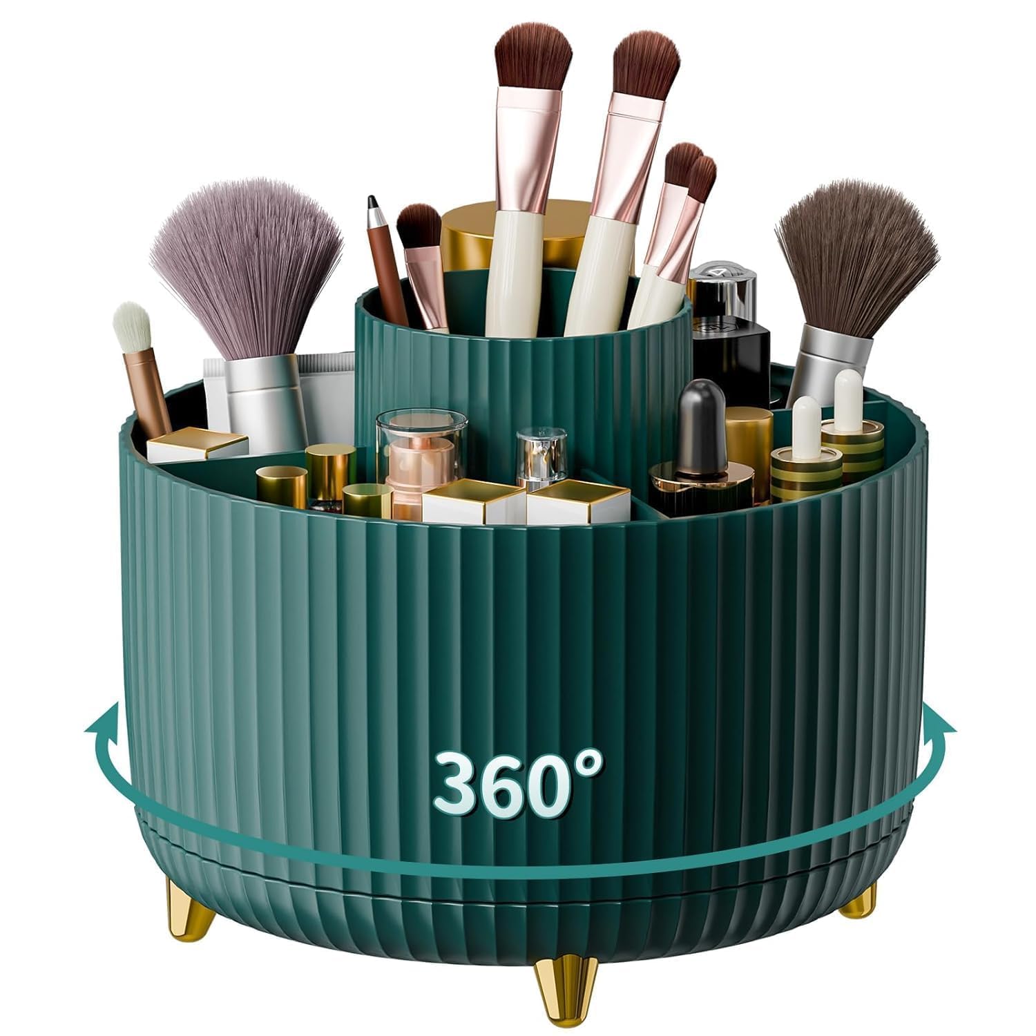 360° Rotating Makeup Organizer – Small | Compact Cosmetic &amp; Brush Holder for Vanity, Bathroom &amp; Desk (Green, 5 × 5.5 Inches)