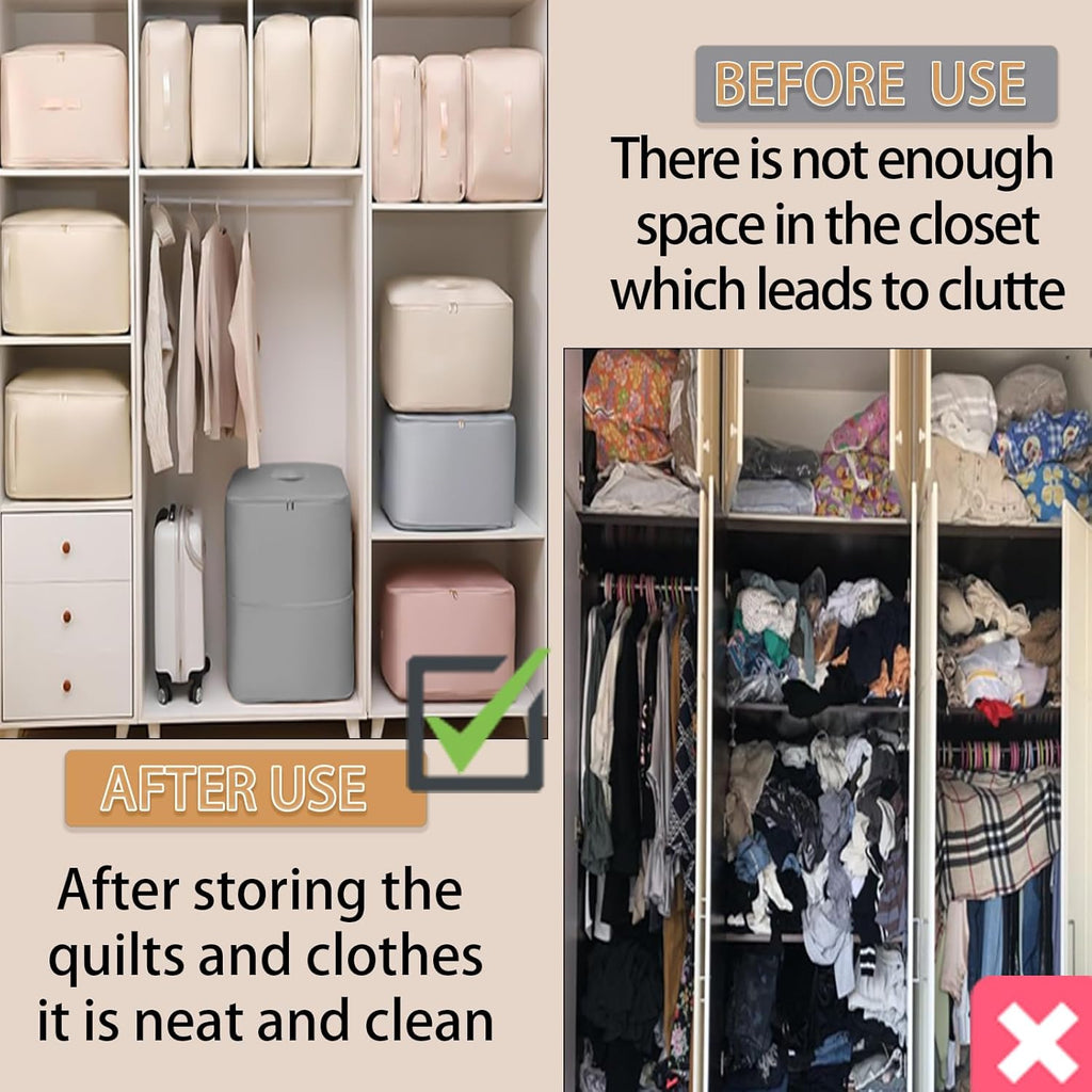 Space Saving Self-Compression Organizer Bag for Clothes, Sarees & Quilts | Extra Large Expandable Storage Bag with Handles & Zipper | Waterproof, Foldable Wardrobe Storage (Grey, 52×42×55 cm)