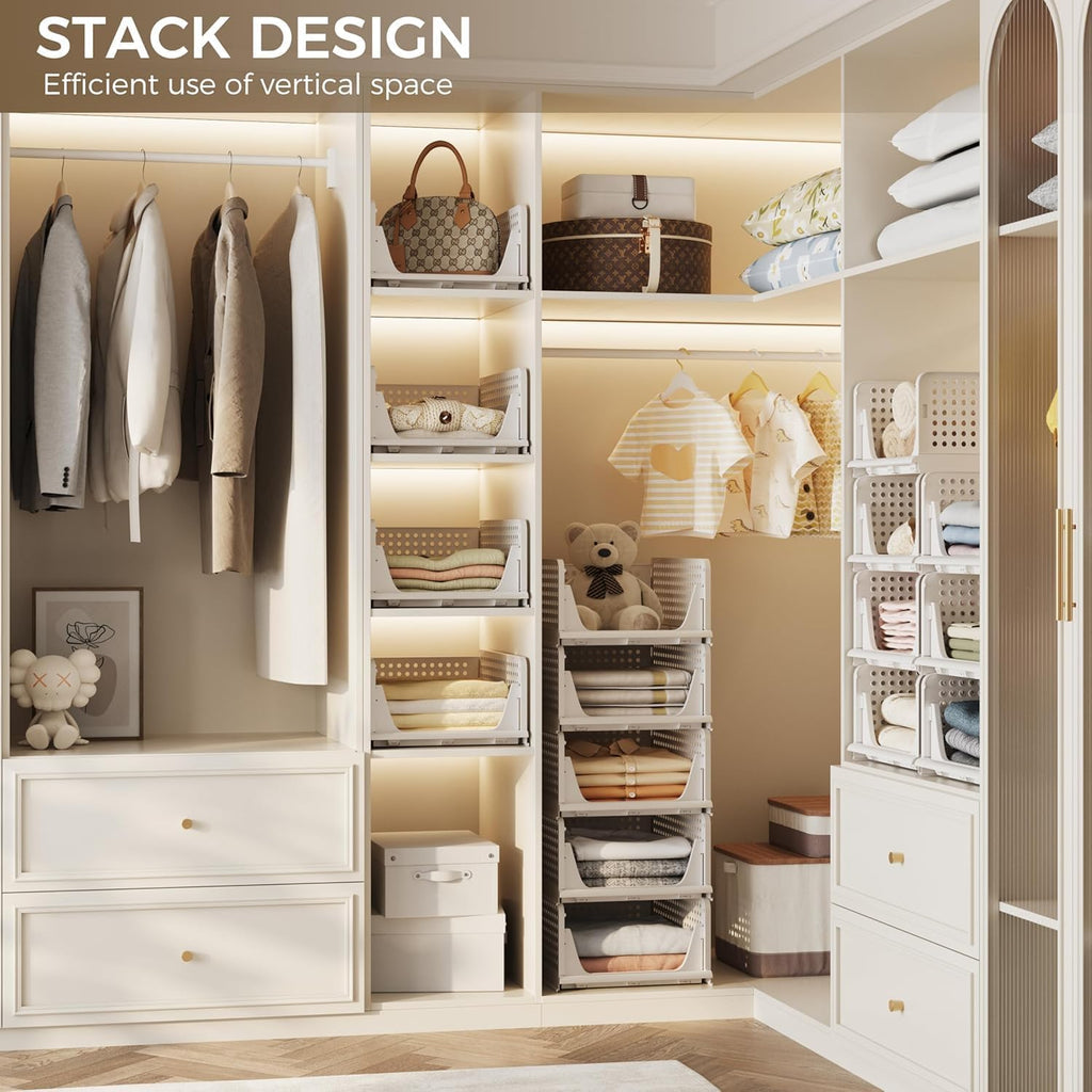 Foldable Wardrobe Closet Organizer Tray – Stackable Storage System (White) - Available in Sets: 2 | 4 | 8 | 10