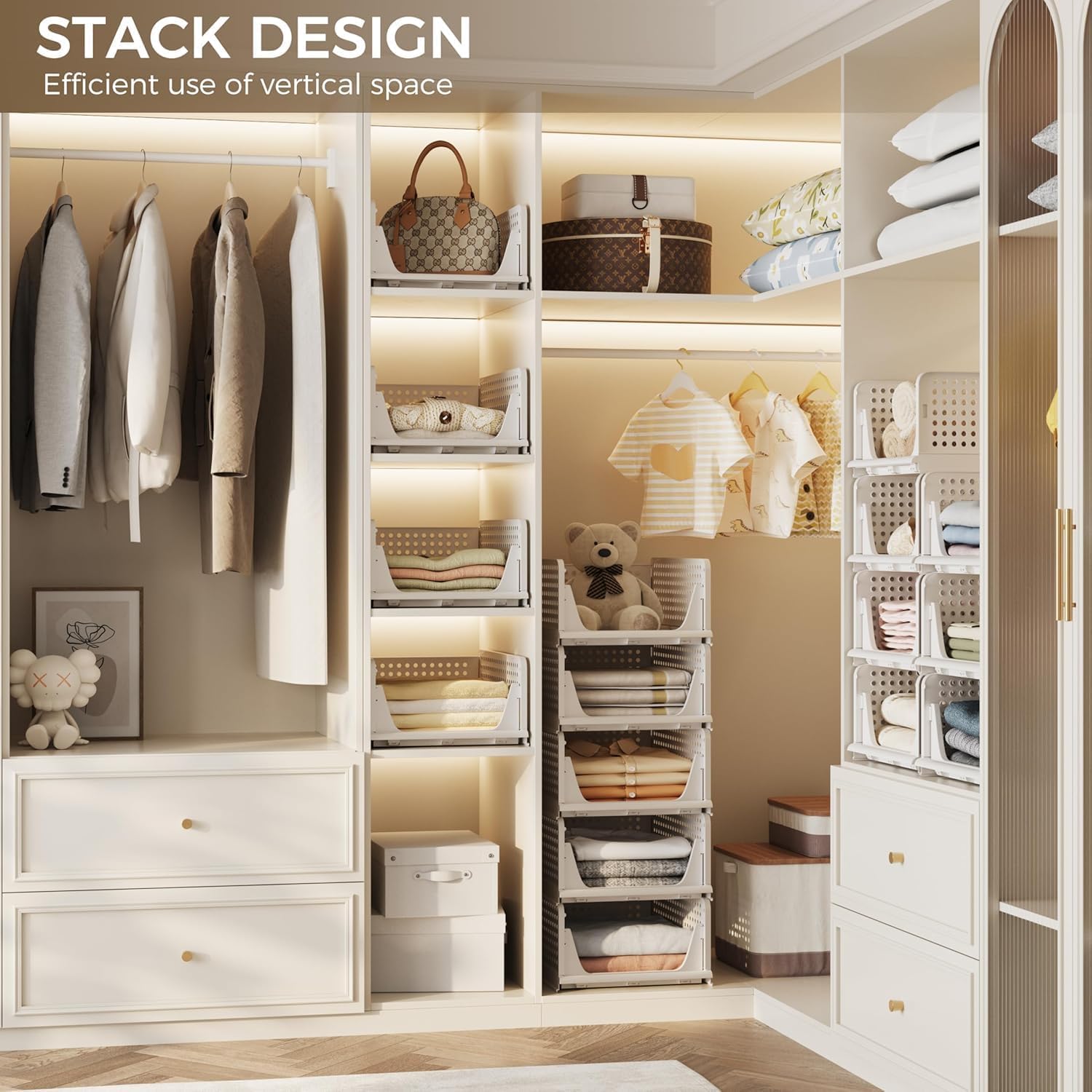 Foldable Wardrobe Closet Organizer Tray – Stackable Storage System (White) - Available in Sets: 2 | 4 | 8 | 10