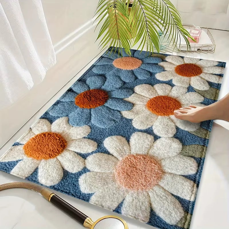 1Pcsflower Imitation Cashmere Mat, Water-Absorbing Bathroom Entrance Anti-Slip Carpet for Home Decoration.