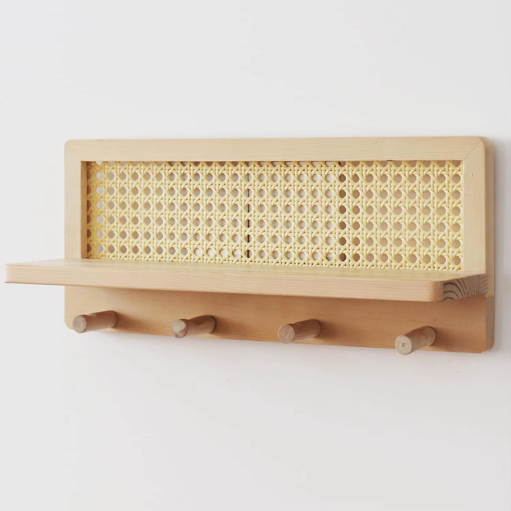 Solid Wood & Rattan Floating Wall Shelves - Ideal for Dorm. Use as Key Hook, Bookshelf, Newspaper & Magazine Storage.