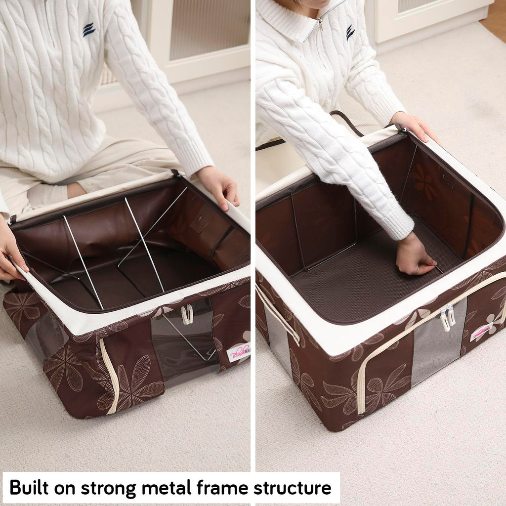 Foldable Living Storage Box for Clothes & Sarees | Oxford Fabric Wardrobe Organizer with Metal Frame & Zipper | 24L / 66L