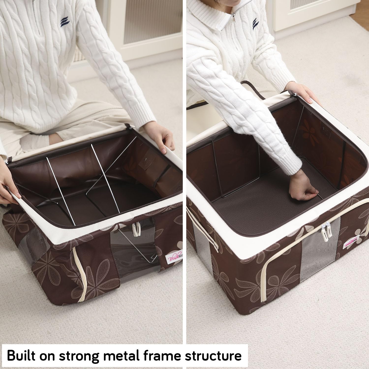 Foldable Living Storage Box for Clothes & Sarees | Oxford Fabric Wardrobe Organizer with Metal Frame & Zipper | 24L / 66L