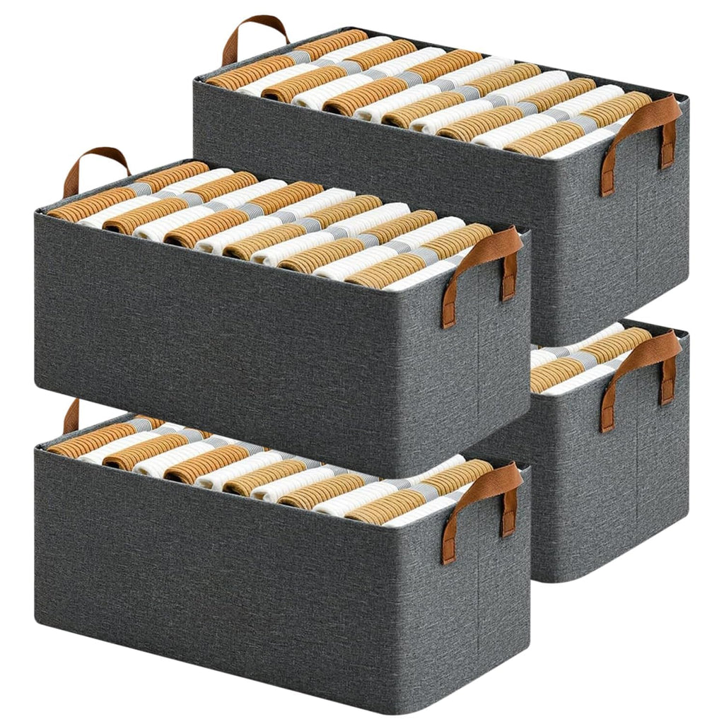 Foldable Open Storage Box with Metal Frame &amp; Handles | Fabric Wardrobe Organizer for Clothes &amp; Shelves | Grey (18 × 11 × 7 Inch)