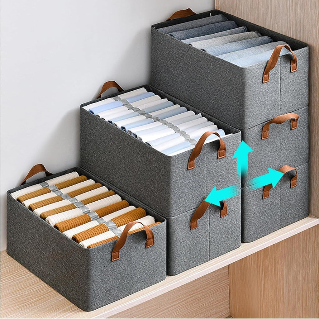 Foldable Open Storage Box with Metal Frame &amp; Handles | Fabric Wardrobe Organizer for Clothes &amp; Shelves | Grey (18 × 11 × 7 Inch)
