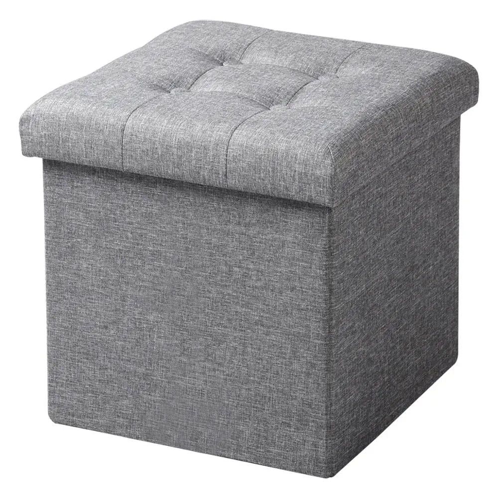 1PC Foldable Storage Ottoman Chair Stool Grey Upholstered Footstool Linen Dressing Table Stool Pouf Couch Stool Removable Cover