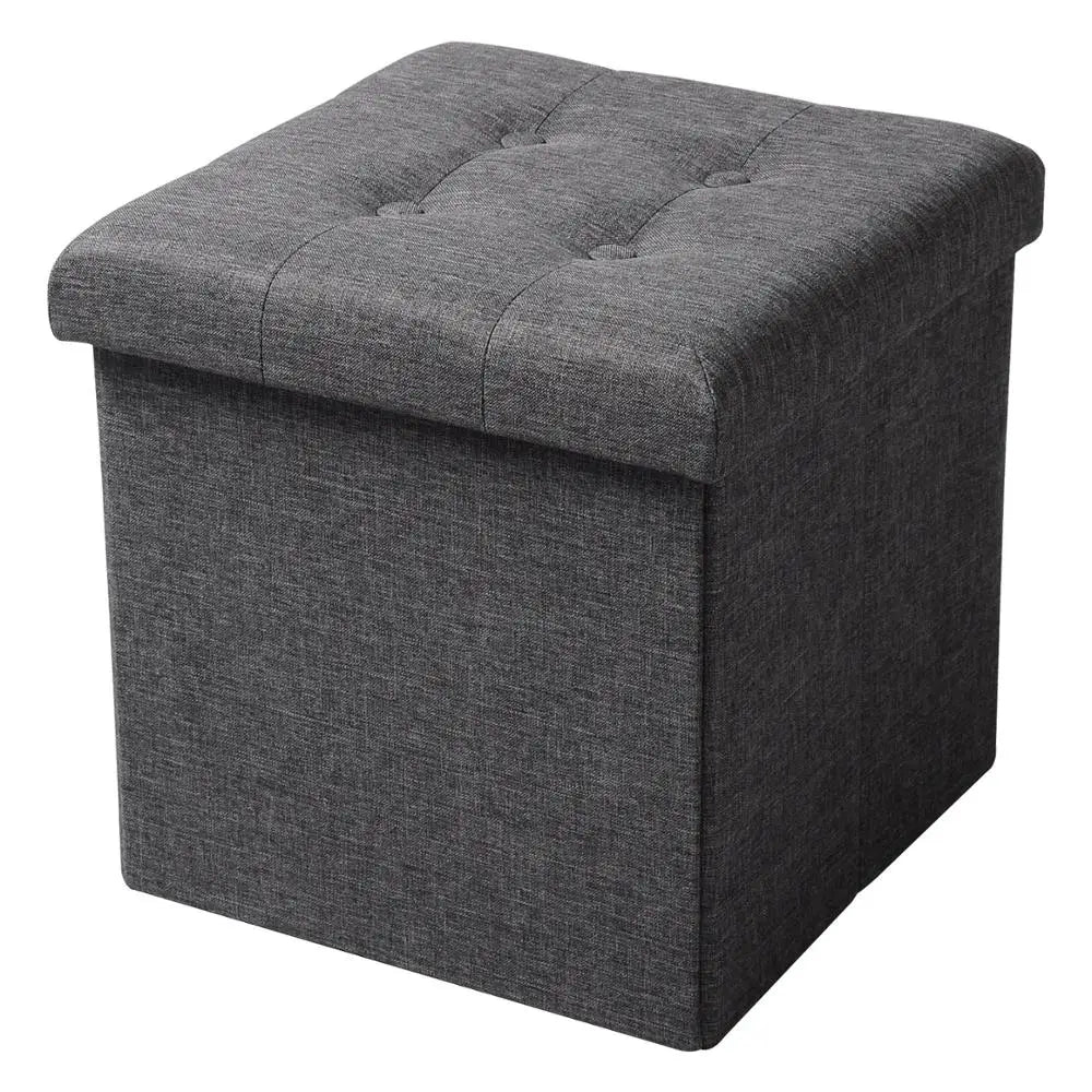 1PC Foldable Storage Ottoman Chair Stool Grey Upholstered Footstool Linen Dressing Table Stool Pouf Couch Stool Removable Cover