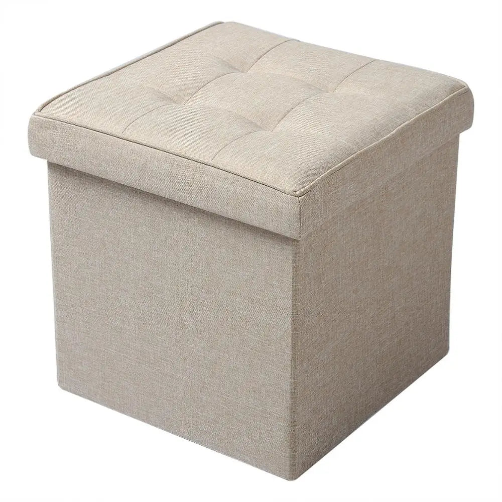 1PC Foldable Storage Ottoman Chair Stool Grey Upholstered Footstool Linen Dressing Table Stool Pouf Couch Stool Removable Cover