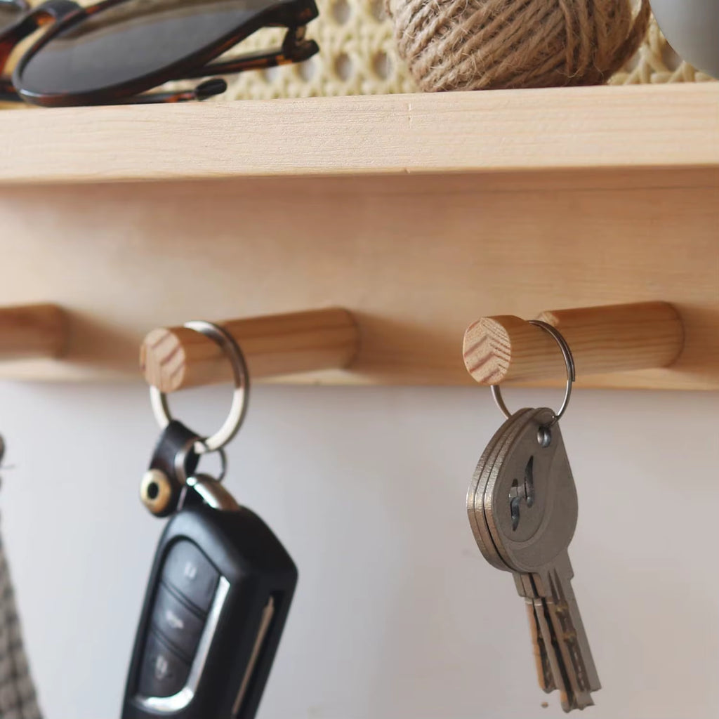 Solid Wood & Rattan Floating Wall Shelves - Ideal for Dorm. Use as Key Hook, Bookshelf, Newspaper & Magazine Storage.