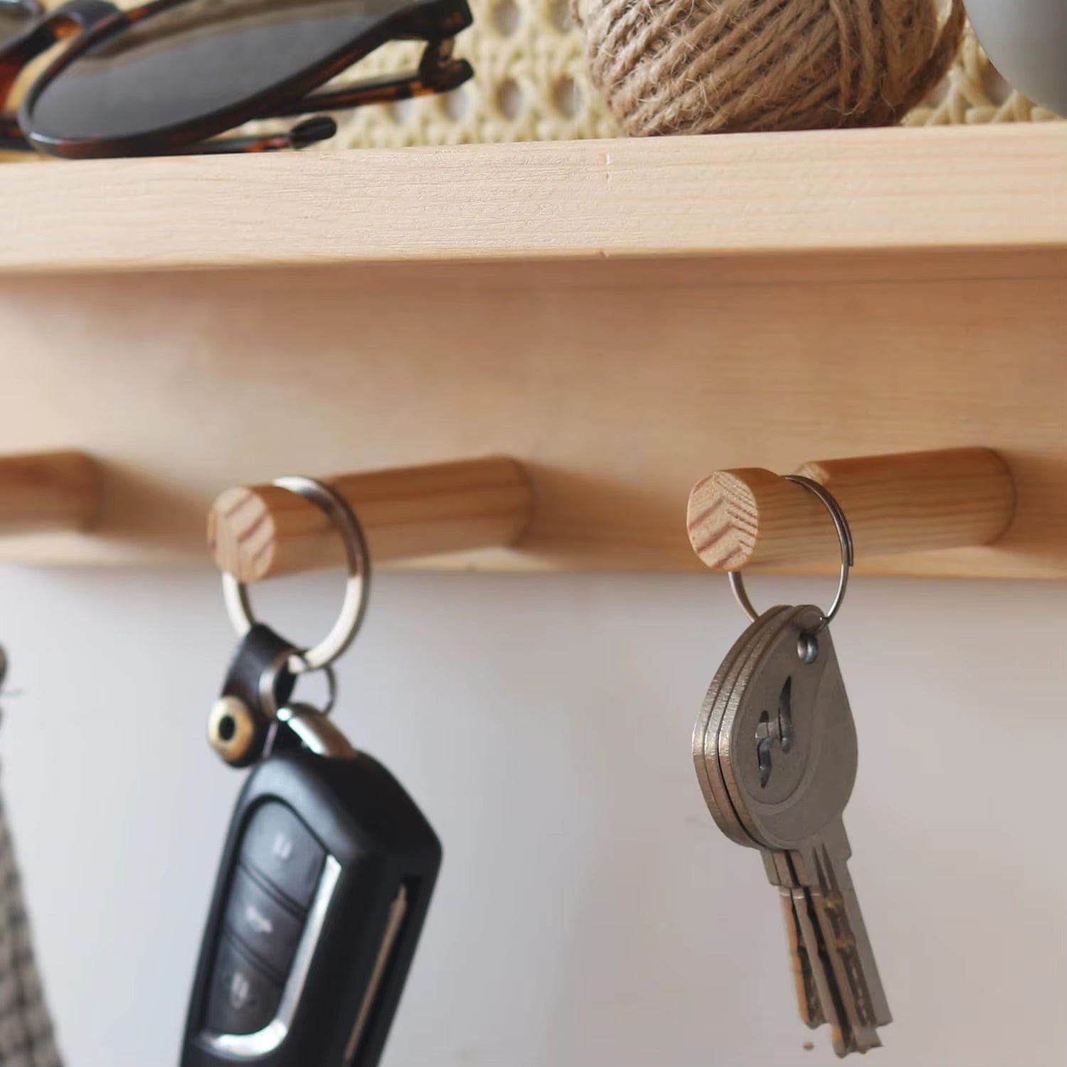 Solid Wood & Rattan Floating Wall Shelves - Ideal for Dorm. Use as Key Hook, Bookshelf, Newspaper & Magazine Storage.
