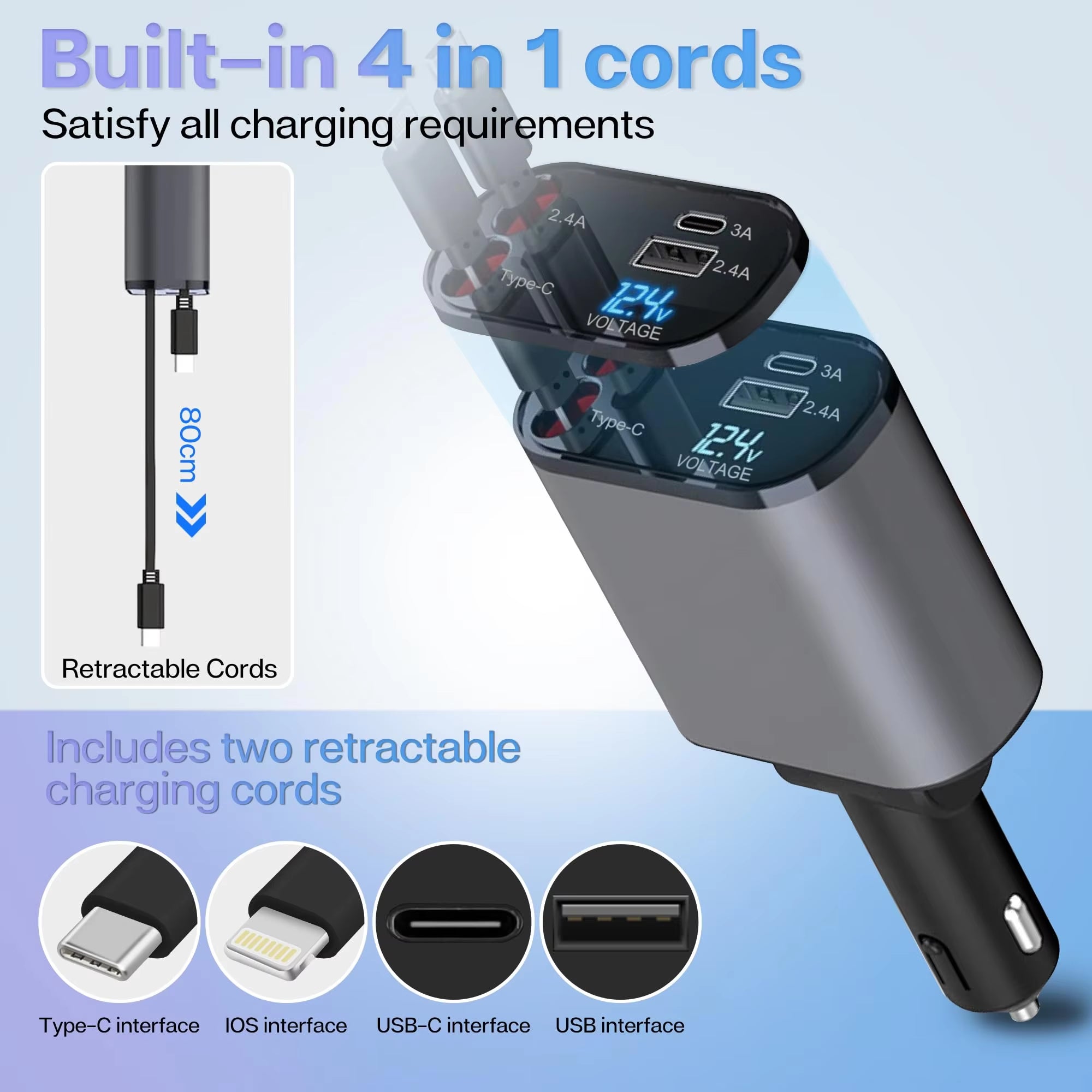 120/66W 4 in 1 Retractable Car Charger Mobile Phone USB PD Type C Cable for Iphone Fast Charge Cord Cigarette Lighter QC Adapter