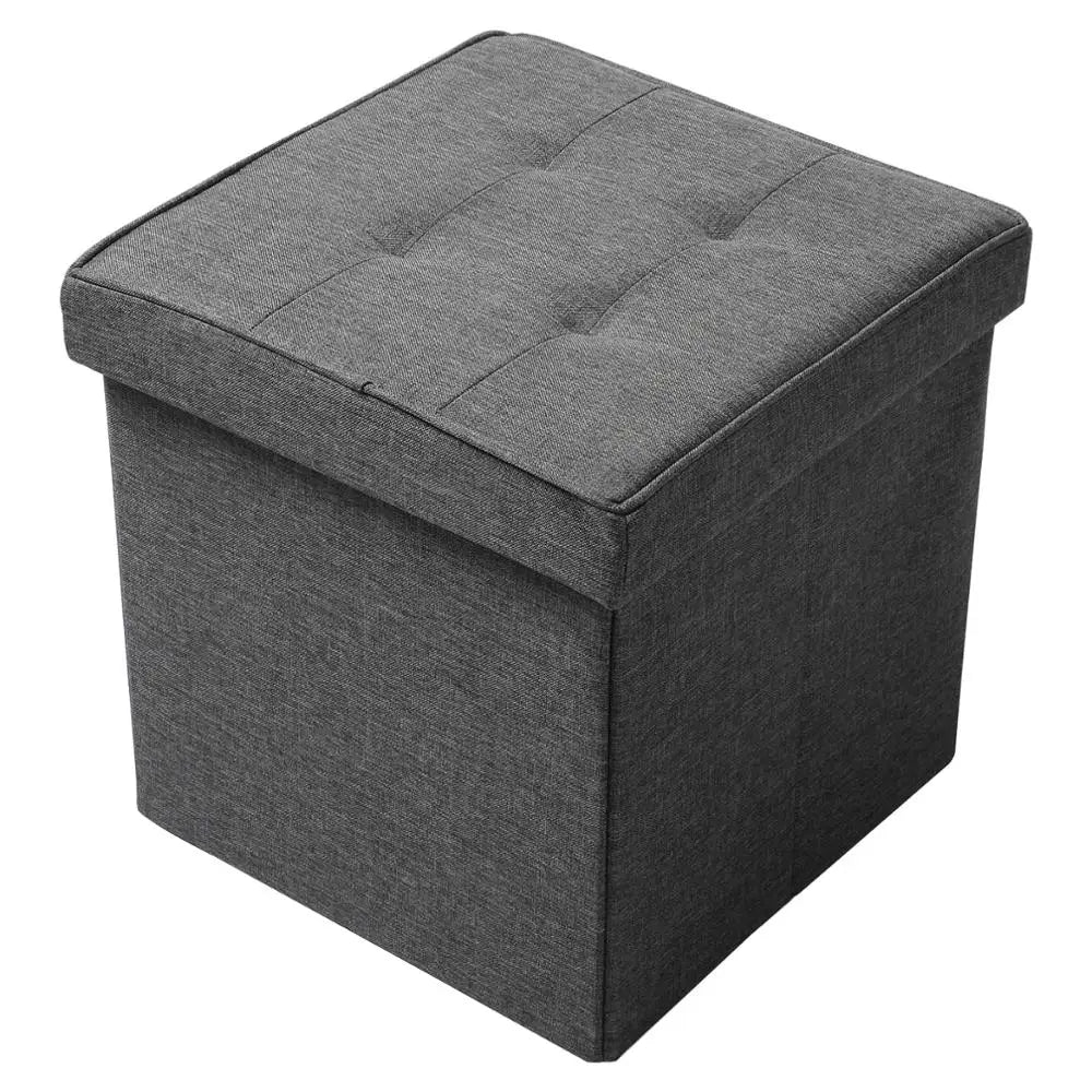 1PC Foldable Storage Ottoman Chair Stool Grey Upholstered Footstool Linen Dressing Table Stool Pouf Couch Stool Removable Cover